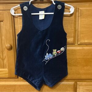 Vintage Blue Velvet Feeling Shortall/Romper with Train Embroidery Size 12 Months